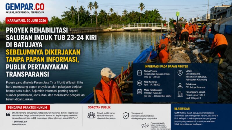 Proyek rehabilitasi saluran irigasi PJT II di Batujaya menjadi perhatian setelah papan proyek baru dipasang hampir satu bulan sejak pekerjaan dimulai.