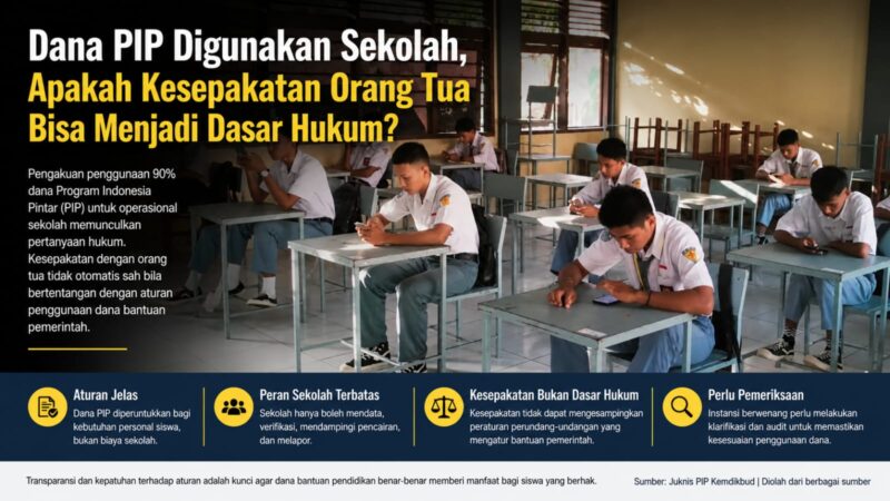Dana PIP diperuntukkan bagi kebutuhan personal peserta didik. Ketika penggunaannya dialihkan untuk operasional sekolah, muncul pertanyaan penting: apakah kesepakatan dengan orang tua cukup menjadi dasar hukum? Transparansi dan pemeriksaan objektif menjadi kunci untuk menjawabnya.