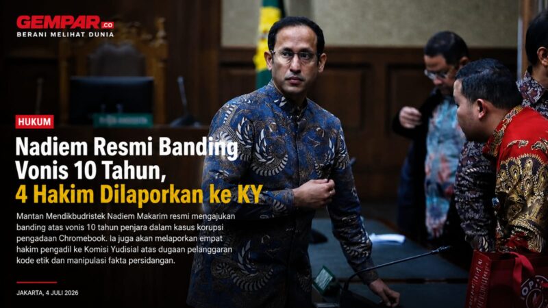 Nadiem Makarim resmi mengajukan banding atas vonis 10 tahun penjara dalam perkara dugaan korupsi pengadaan Chromebook. 