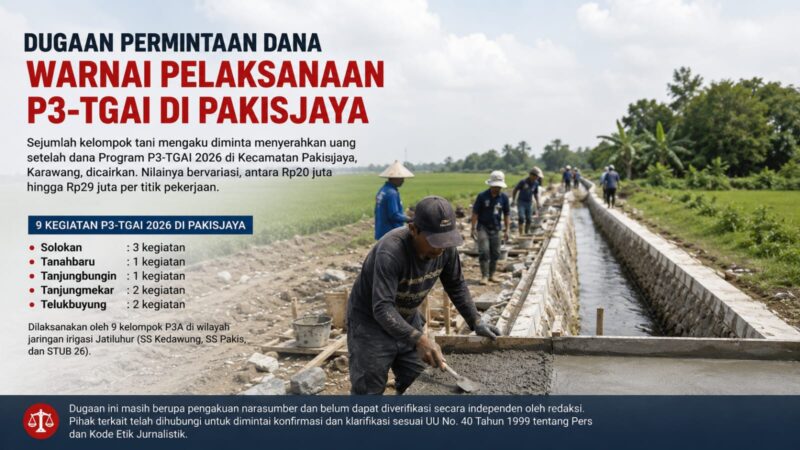 Dugaan permintaan dana dalam Program P3-TGAI 2026 di Pakisjaya mencuat setelah sejumlah kelompok tani mengaku diminta menyerahkan uang usai pencairan anggaran.