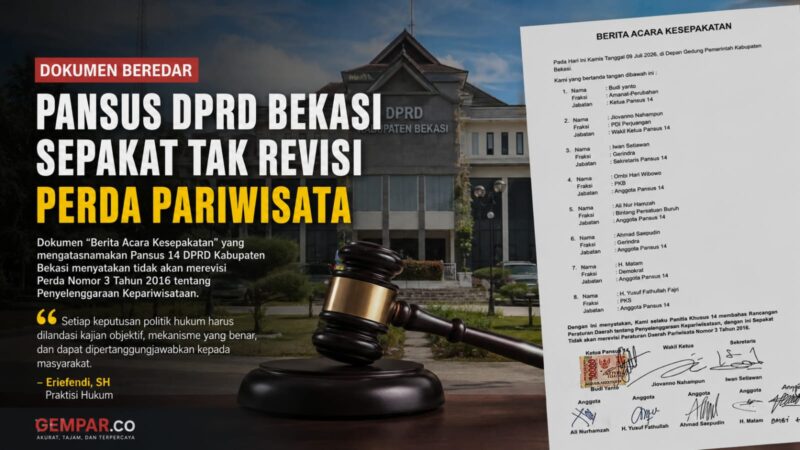 Dokumen kesepakatan Pansus DPRD Kabupaten Bekasi yang beredar memicu sorotan publik. Praktisi hukum Eriefendi, SH mempertanyakan etika, transparansi, dan akuntabilitas wakil rakyat dalam setiap pengambilan keputusan.