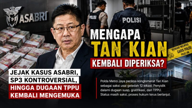 Tan Kian kembali diperiksa sebagai saksi usai penggeledahan 12 lokasi. Penyidik mendalami dugaan suap, gratifikasi, dan TPPU, sementara jejak kasus Asabri kembali menjadi sorotan.