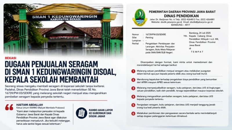 Dugaan penjualan seragam di SMAN 1 Kedungwaringin, Kabupaten Bekasi, menuai sorotan.