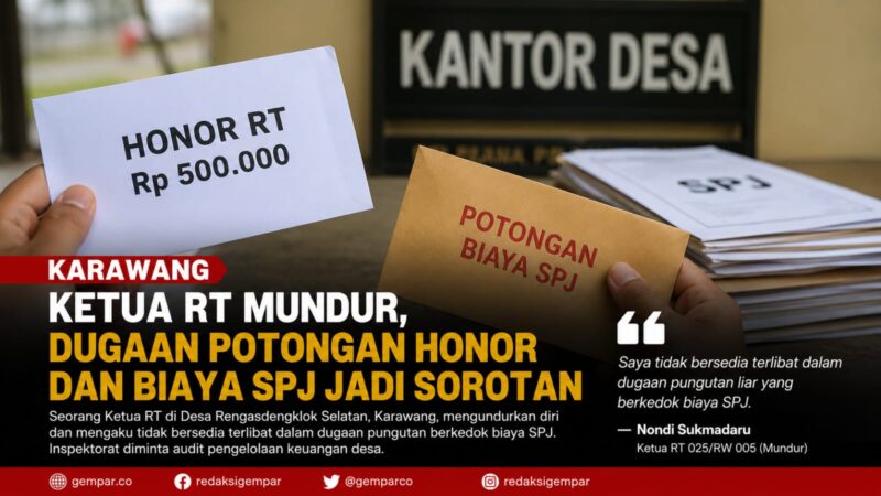 Ketua RT di Desa Rengasdengklok Selatan, Karawang, mengundurkan diri setelah mengaku tidak bersedia terlibat dalam dugaan pemotongan honor berkedok biaya SPJ.