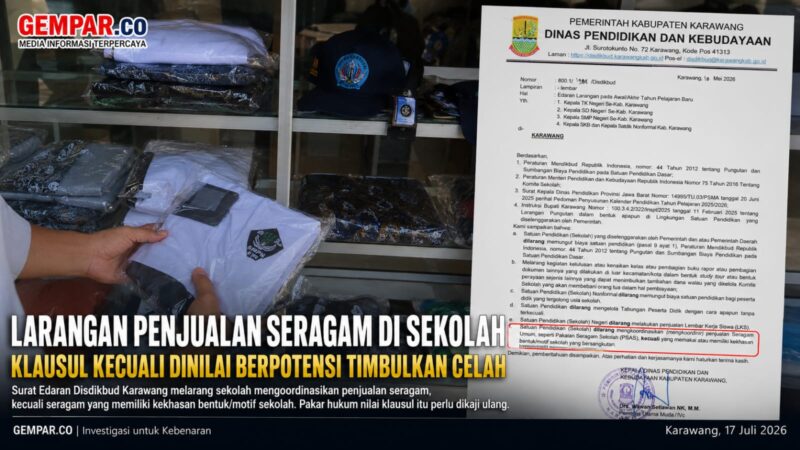 Surat Edaran Disdikbud Karawang melarang sekolah mengoordinasikan penjualan seragam. Namun, klausul pengecualian terhadap seragam bermotif khas sekolah memunculkan pertanyaan hukum.