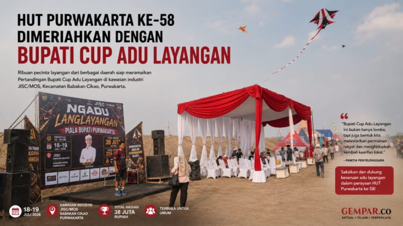 Semarak HUT Kabupaten Purwakarta ke-58 semakin terasa dengan digelarnya Bupati Cup Adu Layangan di kawasan industri JISC/MOS, Babakan Cikao.