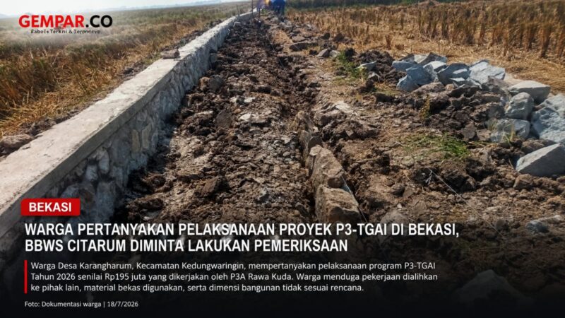 Dugaan kejanggalan pelaksanaan proyek P3-TGAI TA 2026 di Desa Karangharum, Kecamatan Kedungwaringin, Kabupaten Bekasi, menjadi sorotan warga.