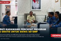 Bupati Karawang Aep Syaepuloh memimpin rapat bersama jajaran Dinas Pendidikan untuk mempercepat penyusunan regulasi program LKS gratis bagi seluruh siswa SD dan SMP di Kabupaten Karawang.
