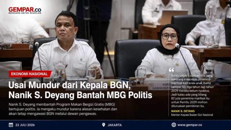 Nanik S. Deyang resmi mengundurkan diri dari jabatan Kepala Badan Gizi Nasional (BGN) dengan alasan kesehatan. 