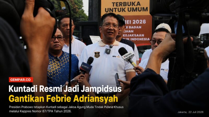Kuntadi resmi dilantik sebagai Jaksa Agung Muda Tindak Pidana Khusus (Jampidsus) menggantikan Febrie Adriansyah berdasarkan Keppres Nomor 87/TPA Tahun 2026.