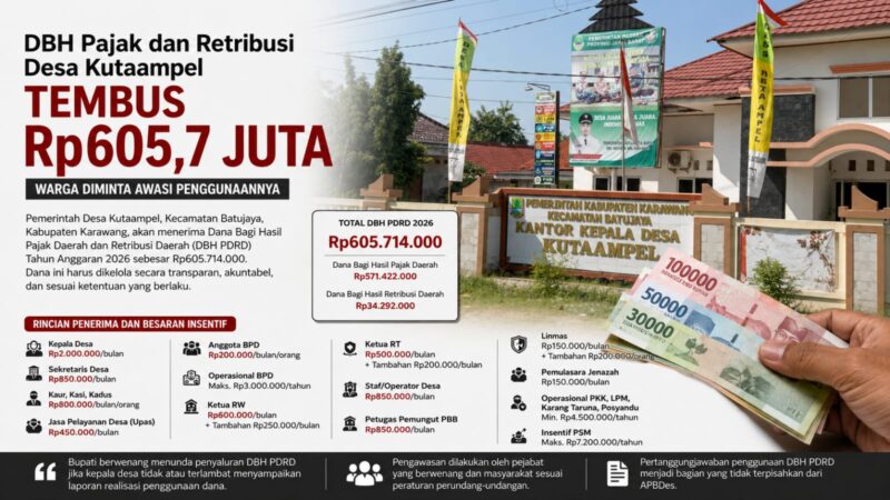 DBH Pajak dan Retribusi Desa Kutaampel Tahun 2026 mencapai Rp605.714.000. Dana tersebut merupakan bagian dari pendapatan desa yang wajib dikelola secara transparan, akuntabel, dan sesuai ketentuan peraturan perundang-undangan.