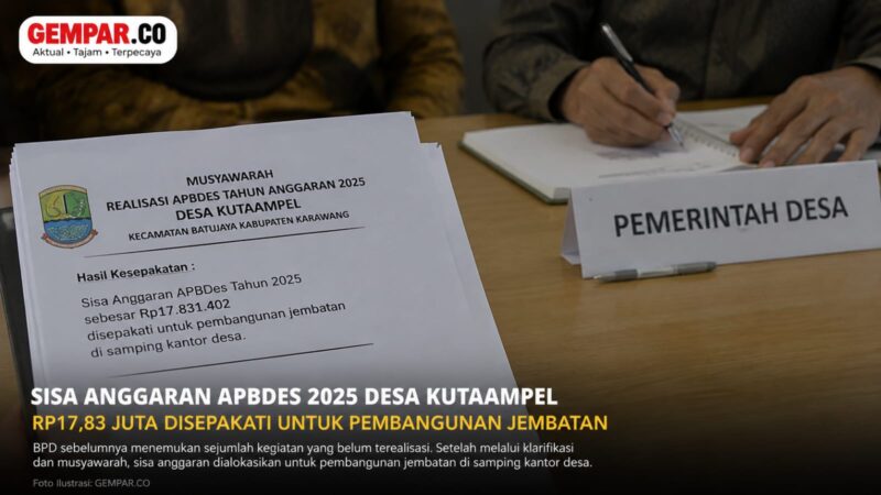 Musyawarah realisasi APBDes Desa Kutaampel menyepakati pemanfaatan sisa anggaran Tahun 2025 sebesar Rp17,83 juta untuk pembangunan jembatan di samping kantor desa. 