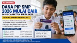 Dana PIP SMP 2026 di Kecamatan Tirtajaya mulai disalurkan secara bertahap. Ratusan siswa dari empat SMP tercatat masuk dalam daftar penerima bantuan Program Indonesia Pintar (PIP).