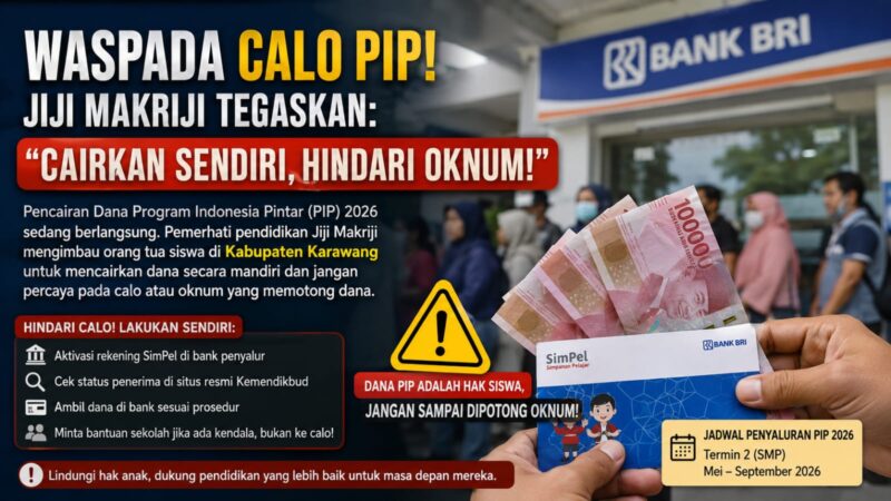 Waspada calo PIP! Pemerhati pendidikan Jiji Makriji mengimbau seluruh orang tua siswa di Kabupaten Karawang untuk mencairkan dana Program Indonesia Pintar (PIP) 2026 secara mandiri. 