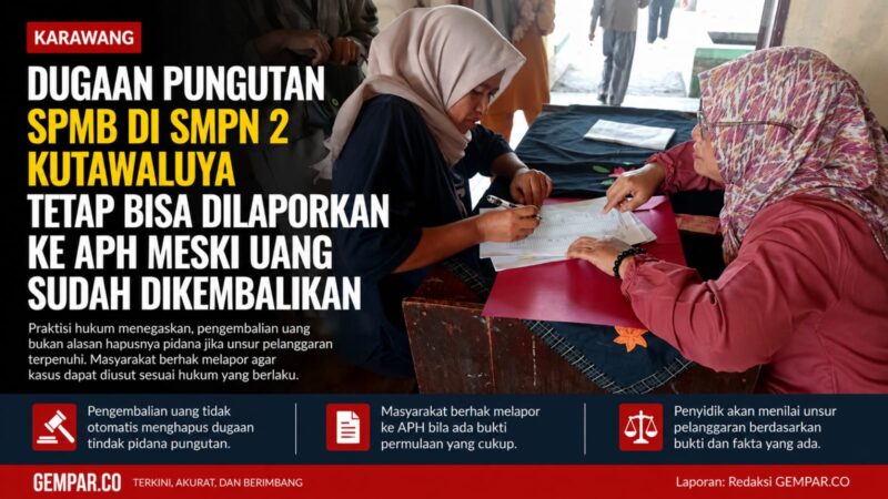 Pengembalian uang bukan otomatis menghapus dugaan pelanggaran. Praktisi hukum menegaskan, dugaan pungutan SPMB tetap dapat dilaporkan ke APH apabila didukung bukti yang cukup.