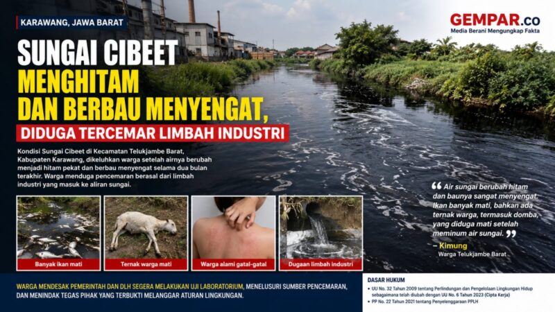 Sungai Cibeet di Telukjambe Barat, Karawang, menghitam dan berbau menyengat. Warga menduga aliran sungai tercemar limbah industri.