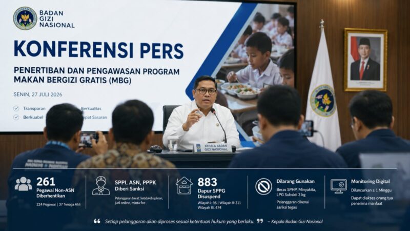 BGN Perketat Tata Kelola MBG. Sebanyak 261 pegawai diberhentikan dan 883 dapur SPPG disuspend akibat pelanggaran.