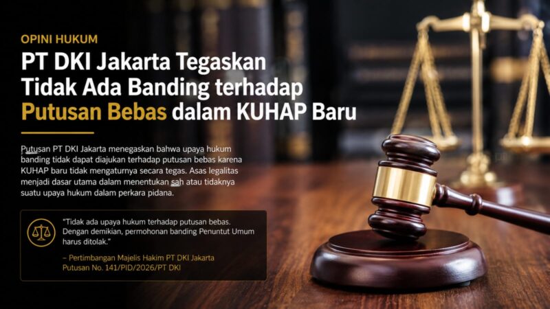 Putusan PT DKI Jakarta menegaskan bahwa upaya hukum banding terhadap putusan bebas harus memiliki dasar hukum yang tegas dalam KUHAP.