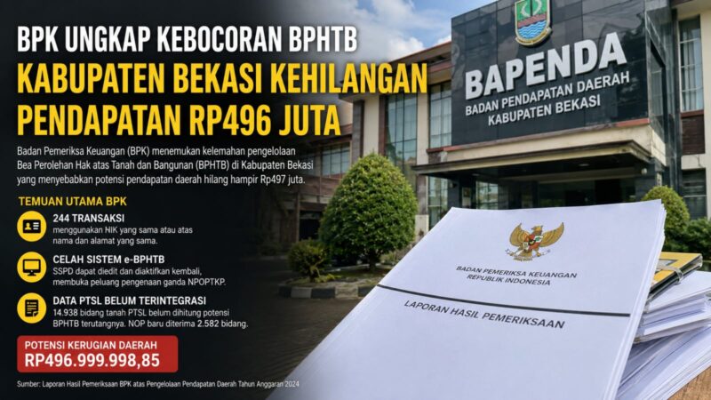 BPK mengungkap dugaan kebocoran pendapatan BPHTB di Kabupaten Bekasi sebesar Rp496.999.998,85 akibat pengenaan ganda NPOPTKP pada 244 transaksi.