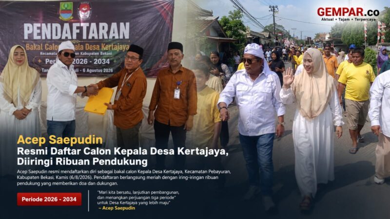 Diiringi ribuan pendukung, Acep Saepudin resmi mendaftarkan diri sebagai calon Kepala Desa Kertajaya, Kecamatan Pebayuran, Kabupaten Bekasi, Kamis (6/8/2026).