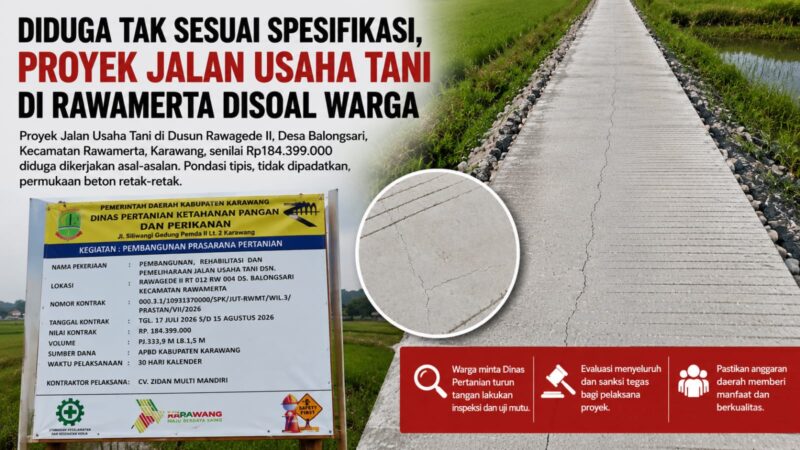 Diduga Tak Sesuai Spesifikasi, proyek Jalan Usaha Tani di Rawamerta menuai sorotan. Warga meminta Dinas Pertanian Karawang segera melakukan inspeksi dan uji mutu. Ilustrasi: GEMPAR.CO