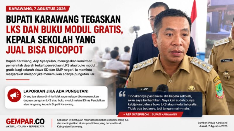 Bupati Karawang Aep Syaepuloh menegaskan LKS dan buku modul untuk siswa SD-SMP negeri gratis.
