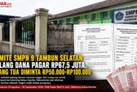 Penggalangan dana renovasi pagar SMPN 9 Tambun Selatan senilai Rp67,5 juta menjadi sorotan setelah orang tua/wali murid diminta kontribusi Rp50.000–Rp100.000 per siswa.