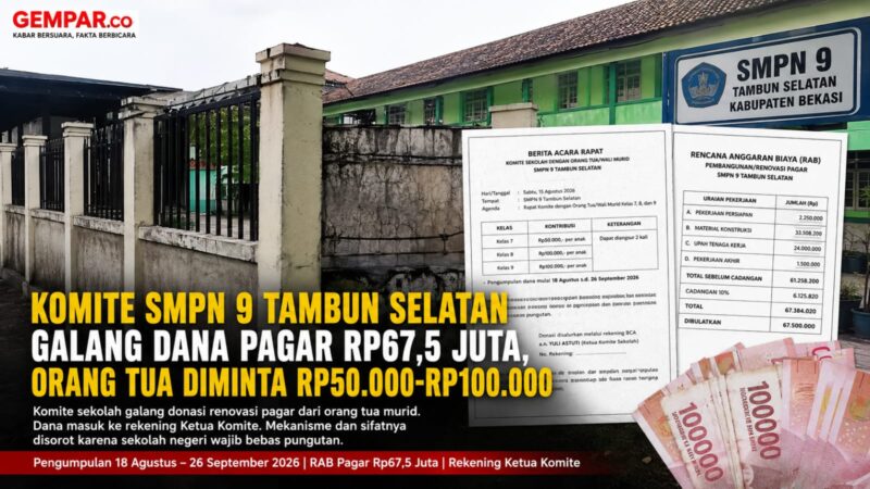 Penggalangan dana renovasi pagar SMPN 9 Tambun Selatan senilai Rp67,5 juta menjadi sorotan setelah orang tua/wali murid diminta kontribusi Rp50.000–Rp100.000 per siswa.