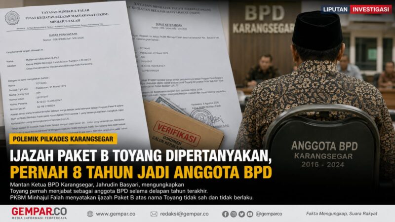Polemik ijazah Paket B Toyang mencuat. PKBM Minhajul Falah menyatakan ijazah tersebut tidak sah dan tidak berlaku, sementara Toyang disebut pernah menjabat anggota BPD Karangsegar selama sekitar delapan tahun.
