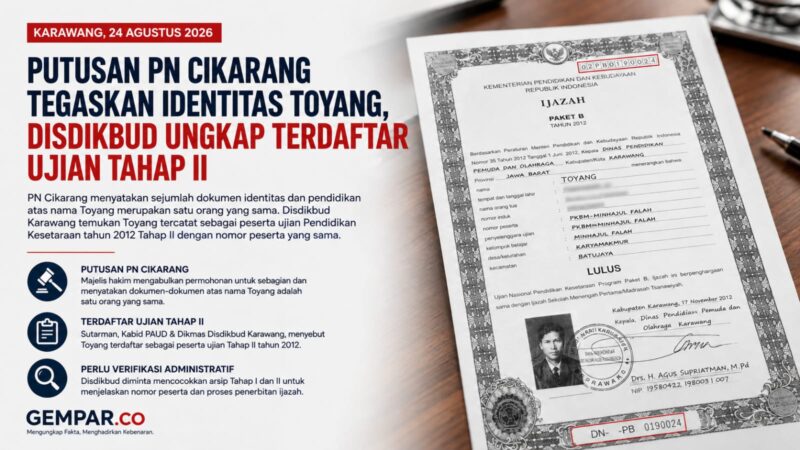 Putusan PN Cikarang menyatakan sejumlah dokumen identitas dan pendidikan atas nama Toyang merupakan satu orang yang sama.