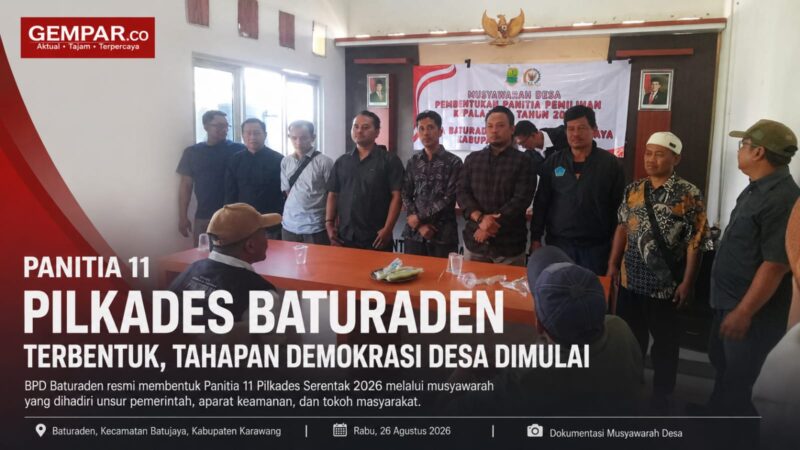 Musyawarah pembentukan Panitia 11 Pilkades Desa Baturaden, Kecamatan Batujaya, Kabupaten Karawang, Rabu (26/8/2026).