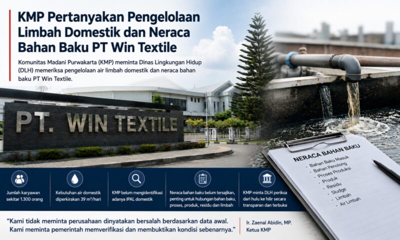 Komunitas Madani Purwakarta (KMP) meminta DLH melakukan pemeriksaan transparan terhadap pengelolaan limbah domestik dan neraca bahan baku PT Win Textile.