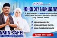 Calon Kepala Desa Bantarsari, Kecamatan Pebayuran, Kabupaten Bekasi, Tamin Safei mengusung visi “Bersama Membangun Desa, Mewujudkan Desa Maju dan Masyarakat Sejahtera” pada Pilkades Bantarsari 2026–2034.