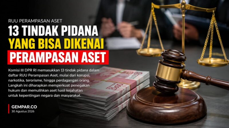 RUU Perampasan Aset: Komisi III DPR RI menetapkan 13 tindak pidana yang dapat dikenai perampasan aset, mulai dari korupsi, narkotika, terorisme, hingga TPPO. 