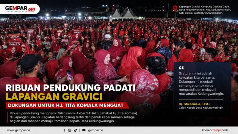 Ribuan pendukung menghadiri Silaturahmi Akbar SAHATI di Lapangan Gravici, Desa Kedungwaringin, Kabupaten Bekasi, Sabtu (5/9/2026) malam, sebagai bagian dari rangkaian menjelang Pemilihan Kepala Desa Kedungwaringin.