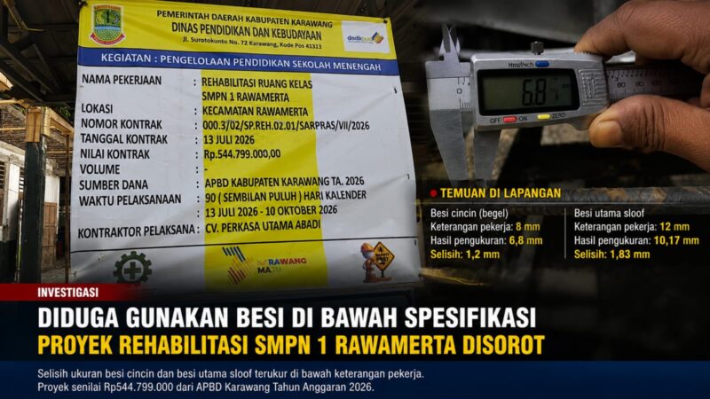 Hasil pengukuran di lapangan menunjukkan besi begel terukur 6,8 mm dan besi utama sloof 10,17 mm, berbeda dari ukuran yang disebutkan pekerja, yakni 8 mm dan 12 mm. Temuan tersebut memunculkan dugaan ketidaksesuaian spesifikasi pada proyek rehabilitasi SMPN 1 Rawamerta senilai Rp544,799 juta.