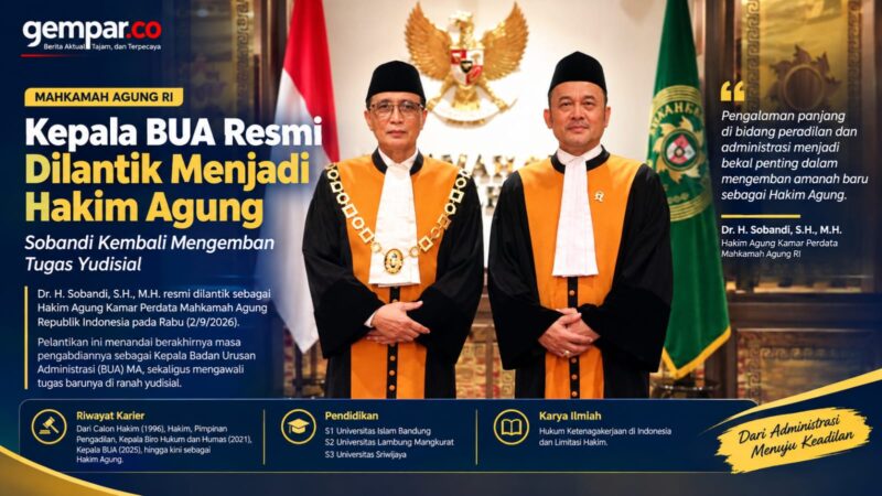 Dr. H. Sobandi, S.H., M.H. (kanan) resmi dilantik sebagai Hakim Agung Kamar Perdata oleh Ketua Mahkamah Agung, Prof. Dr. H. Sunarto, S.H., M.H., di Gedung Mahkamah Agung, Jakarta, Rabu (2/9/2026). Foto: Humas MA.