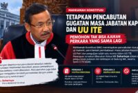 Ketua MK Suhartoyo membacakan ketetapan pencabutan dua perkara uji materi terkait masa jabatan Kapolri dan UU ITE di Gedung MK, Jakarta, Senin (7/9/2026). Foto: Tangkapan layar YouTube Mahkamah Konstitusi.