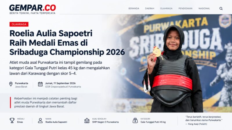 Atlet muda Purwakarta, Roelia Aulia Sapoetri, meraih medali emas pada Sribaduga Championship 2026 di kategori Gala Tunggal Putri kelas 45 kilogram.