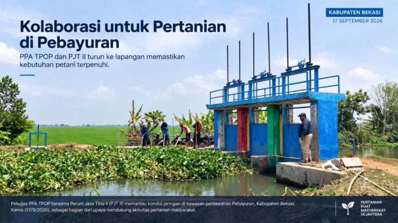 PPA TPOP bersama PJT II memantau kondisi jaringan irigasi dan kebutuhan petani di kawasan persawahan Kecamatan Pebayuran, Kabupaten Bekasi.