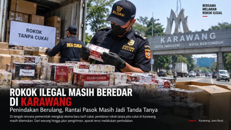 Ilustrasi petugas Bea Cukai memeriksa rokok tanpa pita cukai dalam upaya menekan peredaran rokok ilegal di Karawang, Jawa Barat.