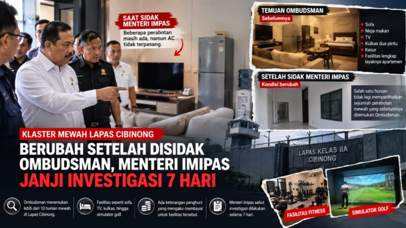 Menteri Imipas Agus Andrianto melakukan sidak ke kawasan yang disebut sebagai “klaster mewah” di Lapas Kelas IIA Cibinong, Jawa Barat, Jumat (25/9/2026). 