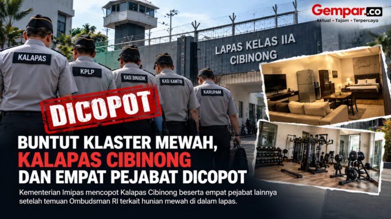 Buntut temuan hunian mewah di Lapas Kelas IIA Cibinong, Kementerian Imipas mencopot Kalapas Wisnu Hani Putranto dan empat pejabat lainnya untuk diperiksa.
