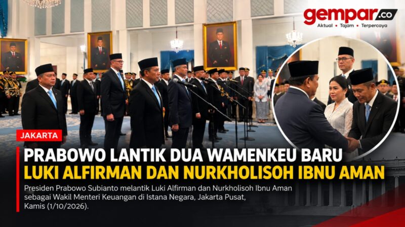 Presiden Prabowo Subianto melantik Nurkholisoh Ibnu Aman dan Luki Alfirman sebagai Wakil Menteri Keuangan di Istana Negara, Jakarta, Kamis (1/10/2026).