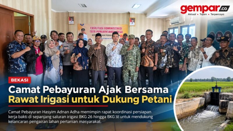 Camat Pebayuran Hasyim Adnan Adha bersama jajaran dan sejumlah unsur terkait saat rapat persiapan kerja bakti perawatan saluran irigasi BKG 26 hingga BKG 38, Jumat (2/10/2026).
