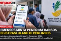 Kemensos mengarahkan penerima dan calon penerima bansos melakukan registrasi melalui Portal Perlinsos Digital. Pendaftaran bansos 2027 diperpanjang hingga 31 Desember 2026.