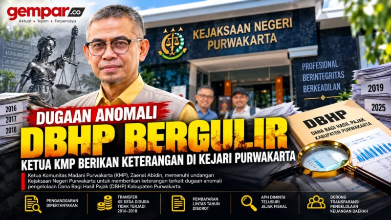 Ketua KMP Zaenal Abidin memberikan keterangan terkait dugaan anomali pengelolaan DBHP di Kejari Purwakarta.